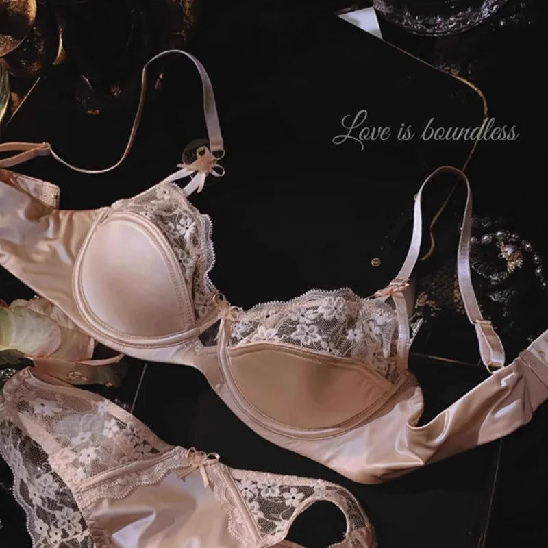 Sexy Lace Floral Bra Set Thin Section Breathable Small Breasts Gathered Collect Side Breasts Glossy Solid Color Underwear Set