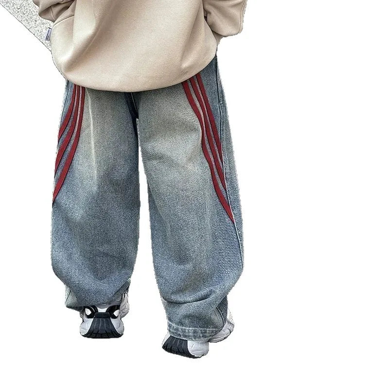 Spring 2026 Children Denim Pants YBFSKID Red Striped Spliced Toddler Kids Boys Jeans Little Baby Boys Trousers 2-10Y Boys Pants