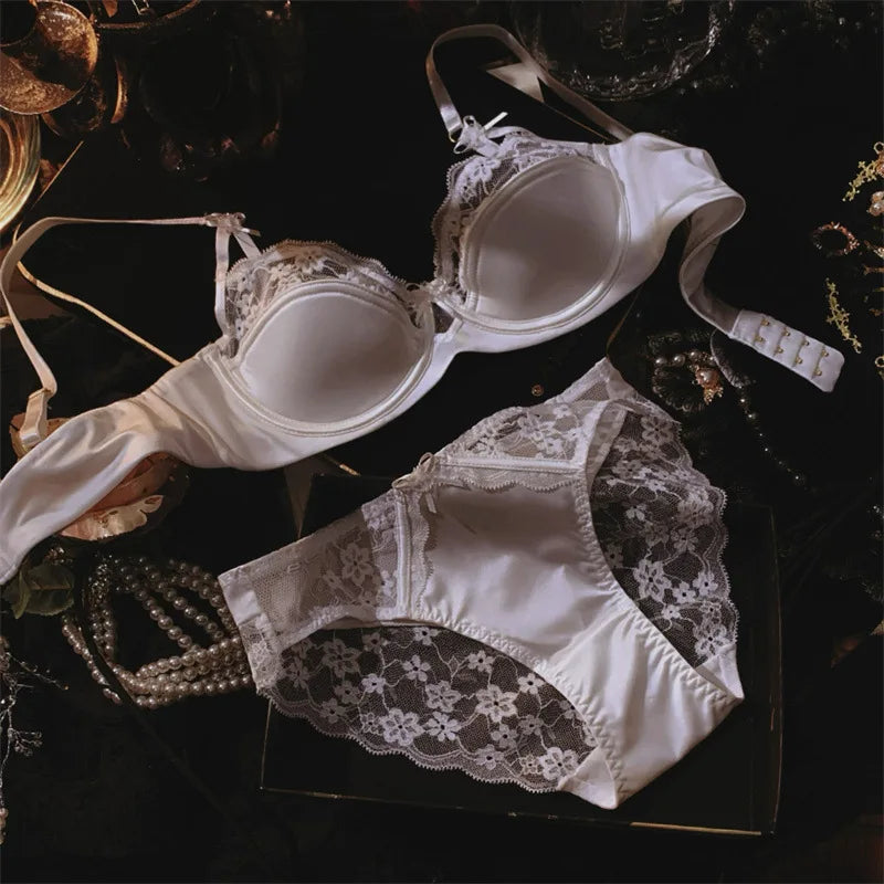 Sexy Lace Floral Bra Set Thin Section Breathable Small Breasts Gathered Collect Side Breasts Glossy Solid Color Underwear Set