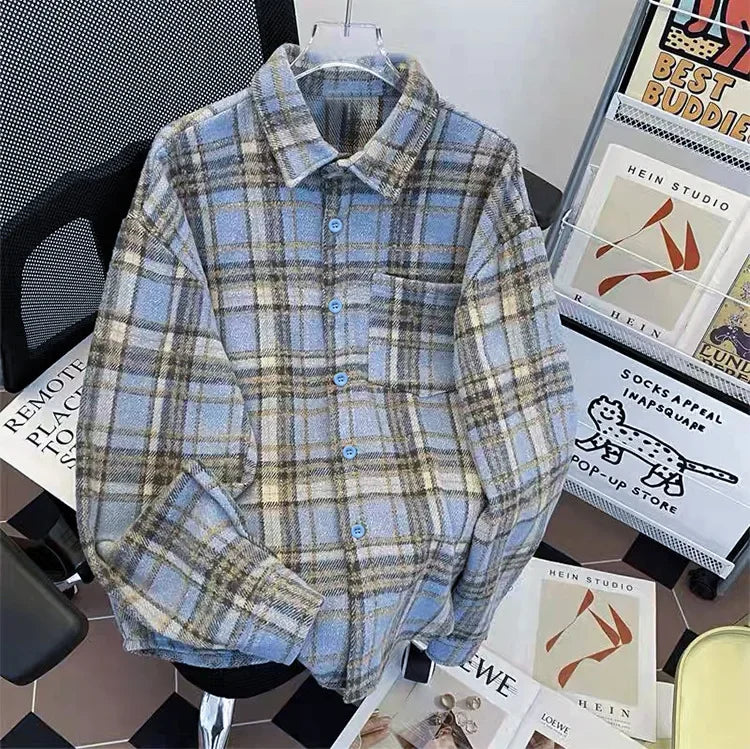 Retro American Plaid Long Sleeve Shirt Women's Lazy Style Loose Slimming Versatile Flannel Coat with Pocket Full Length Button u