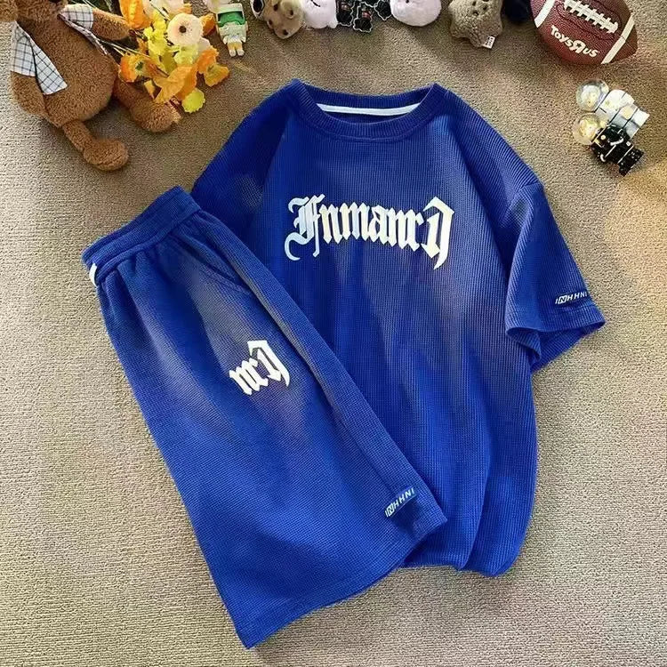 Cross-border Waffle Casual Summer Ice Silk Short-sleeved Sports Clothes Set Men's T-shirt Men's Clothing Set Matching