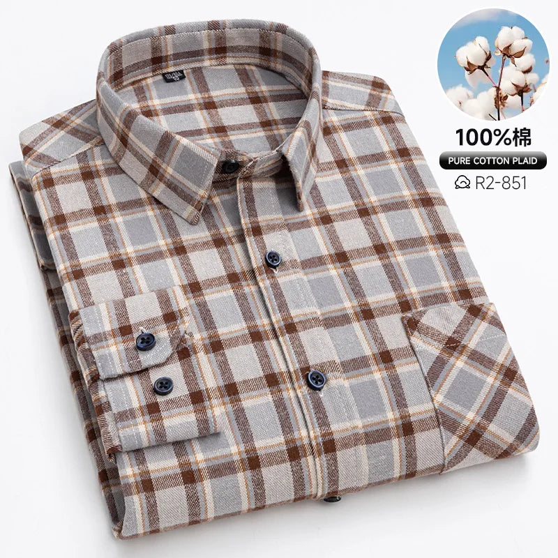 Pure Cotton Men's Plaid Shirts Long Sleeved Regular Fit Casual Office Fashion Shirts Leisure Autumn Male Check Blouses Plus Size