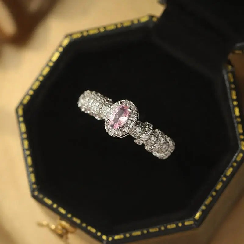 2023 New Fashion Korean Love Heart Pink Rhinestone Silver Color Open Ring for Women Shiny Luxury Adjustable Rings Jewelry Gifts