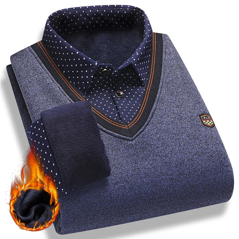 Vintage Plaid Sweater Pullover Men Thick Warm Knitwear Winter Autumn Clothing Patchwork Men's Fleeced Polo Collar Pullovers