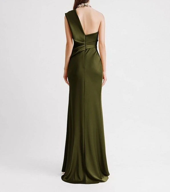 Women's Solid Slanted Collar High Waist Slimming Long Dress Temperament Commuting Female Fashion Elegant A-Line Party Dresses