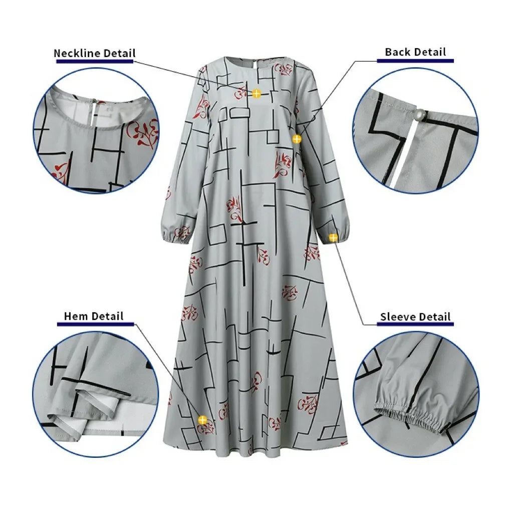 New 2025 Long Sleeve round Neck Printed Loose Fit Maxi Dress Women's Casual Wear Middle East Muslim Style Cross Border Fashion
