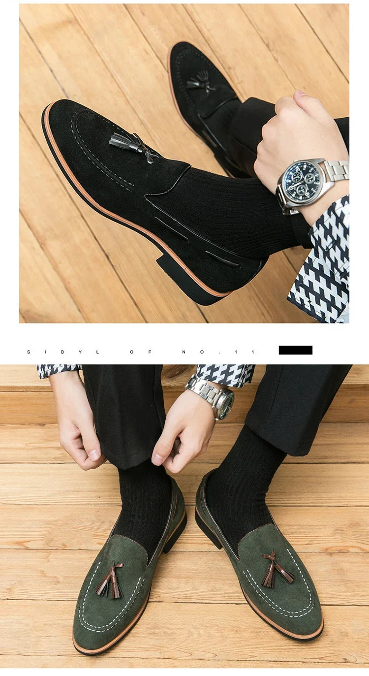 British Style Tassel Loafers Man Quality Suede Leather Shoes For Man Luxury Pointed Elegant Gentleman's Shoes chaussures homme