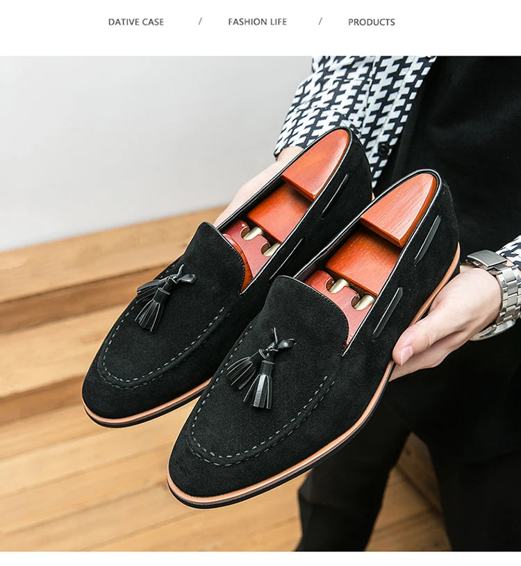 British Style Tassel Loafers Man Quality Suede Leather Shoes For Man Luxury Pointed Elegant Gentleman's Shoes chaussures homme