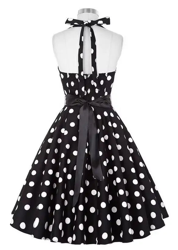 Women Summer Polka Dot Vintage Dress Fashion Party Office Lady Rockabilly Big Swing Halter Clothes
