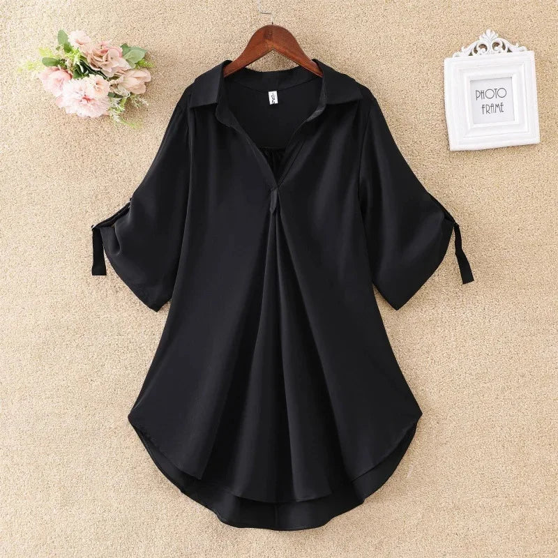 Women's Slimming Chiffon Top 2024 Summer New Style Medium-Length Short Sleeves Plus Size Loose-Fit Waist-Fitted Shirt