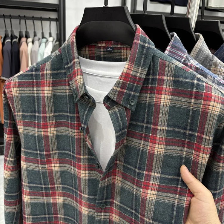 New 2025 Men's Long Sleeve Cotton Shirt Fleece Business Casual Easy Care Youth Outerwear Top Polyester Fiber Cool Sensation