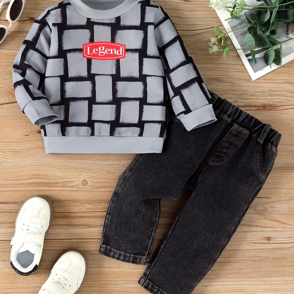 Boys' Trendy Checkered Sweatshirt + Vintage Washed Jeans Two-Piece Set