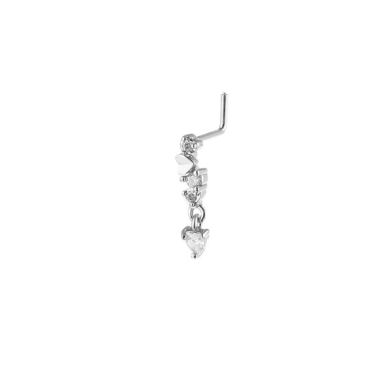 Stainless Steel Long Fashion Nose Rings for Women Copper with CZ Heart Dangle L-Bend Nose Piercing Jewelry Body Jewelry 20G