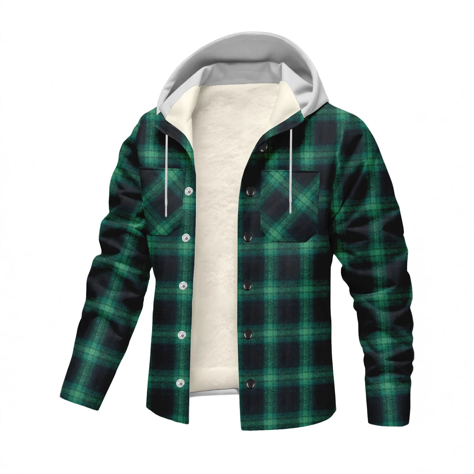 New style European-American men's casual outdoor jacket, cardigan, single-button, pocket, long-sleeved, hooded, checkered shirt