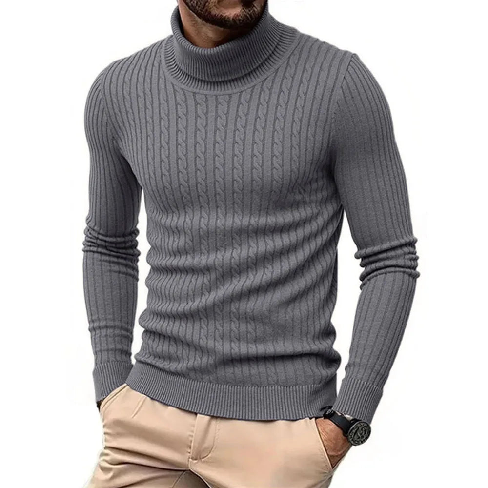 Autumn Winter Men's Turtleneck Sweater Warm Slim Fit Knitted Pullover Jacquard Striped Cozy Soft Knitwear Basic Style