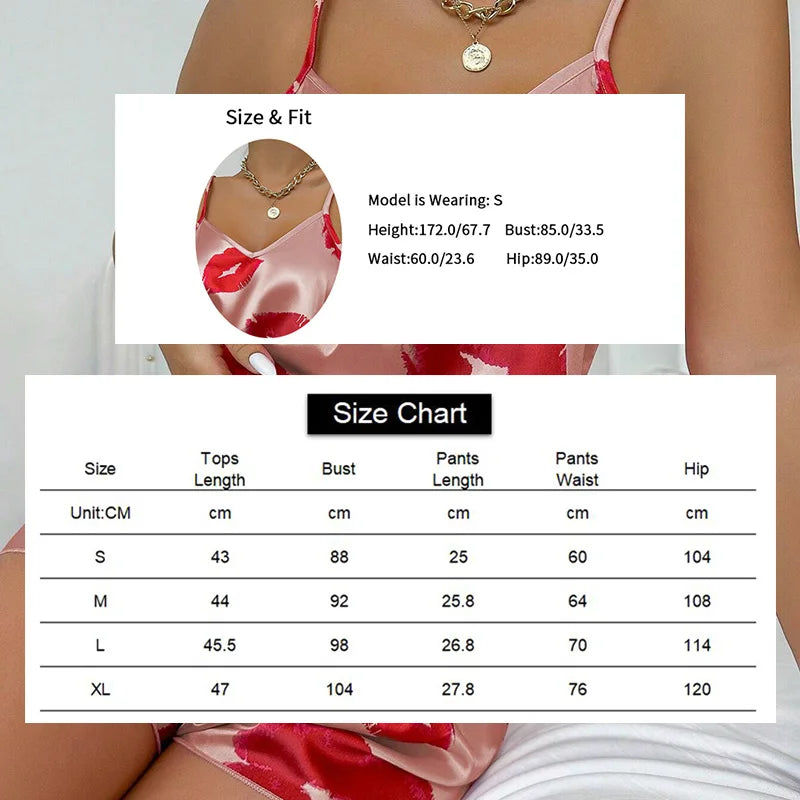 Women's Cute Heart Print Satin Pajama Set - V Neck Cami Top and Elastic Shorts for Comfortable Sleep and Lounging Homewear