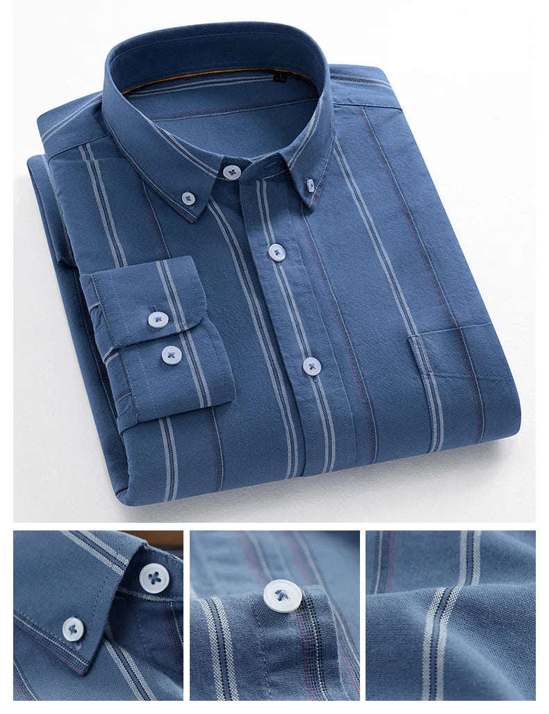 Men Cotton Oxford Striped Casual Long Sleeve Shirts New Fashion Businessman Office Daily Classic Men Top Clothing Dress Regular