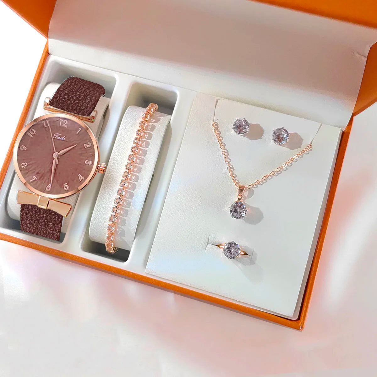 Fashion Women Watches Bracelet Necklace Earrings Ring Set Flowers Ladies Belt Watch Casual Leather Quartz Wristwatch Clock Gifts