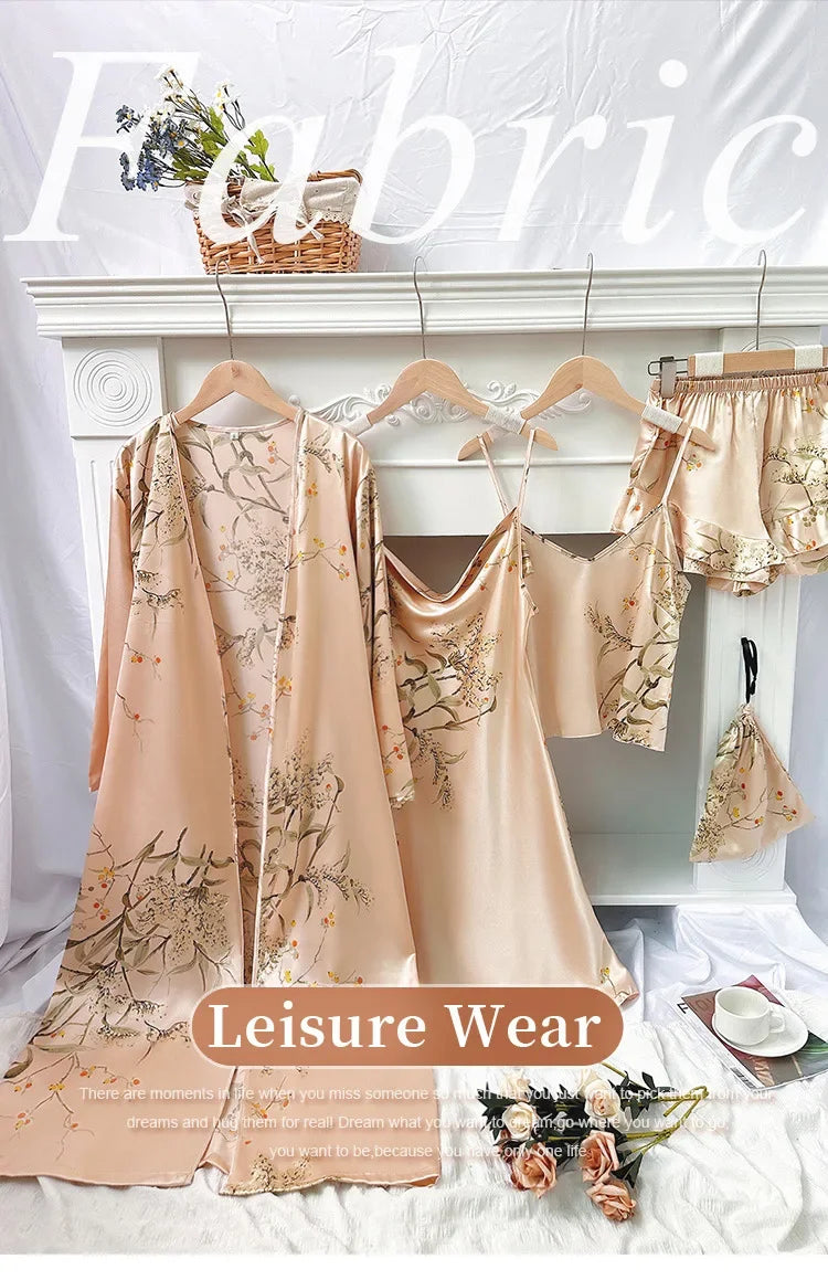 Women's Cherry Print Loungewear 5-Piece Set - Lightweight Robe, Camisole, Shorts & Dress (Minimalist Homewear Collection)