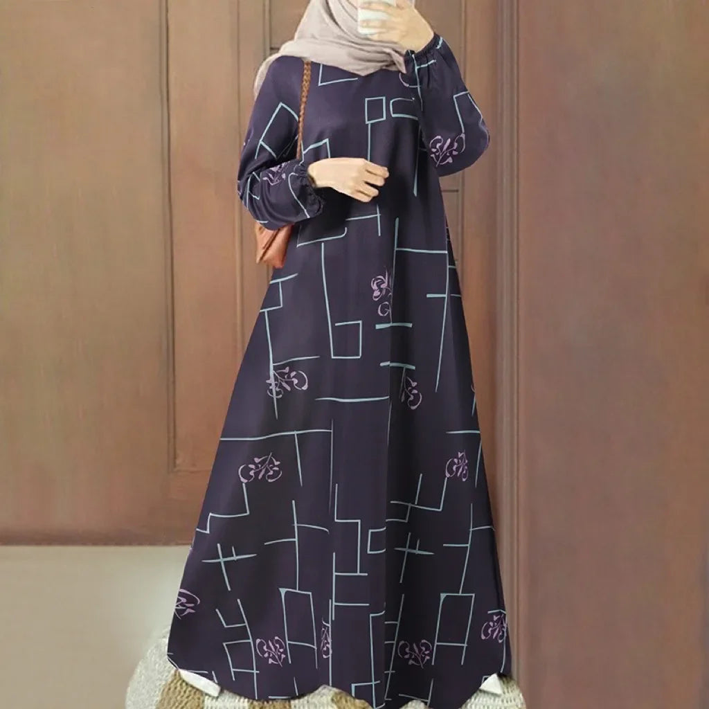 New 2025 Long Sleeve round Neck Printed Loose Fit Maxi Dress Women's Casual Wear Middle East Muslim Style Cross Border Fashion