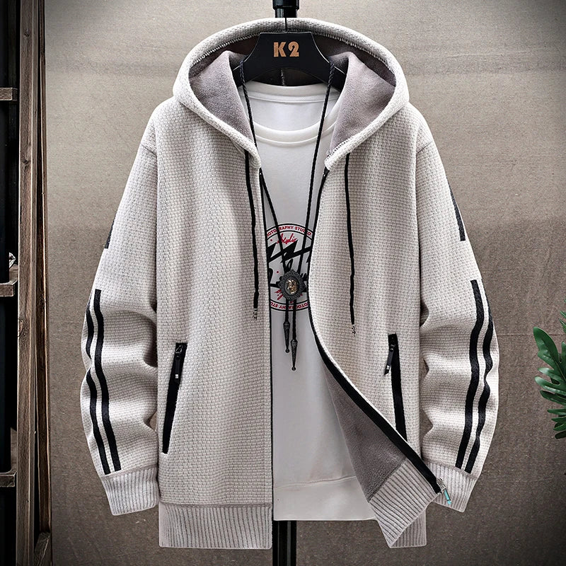 Mens Fashion Sweater Cardigan Fleece Lined Hood Sweaters Jacket Retro Sweaters Coat Zipper Up Knit Cardigans