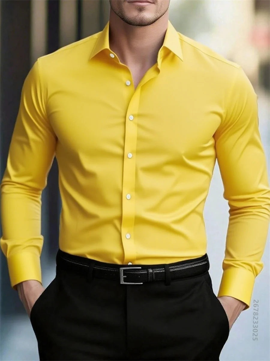 High quality men's solid color long sleeve business shirt, no need to iron, high quality social dress formal casual two use