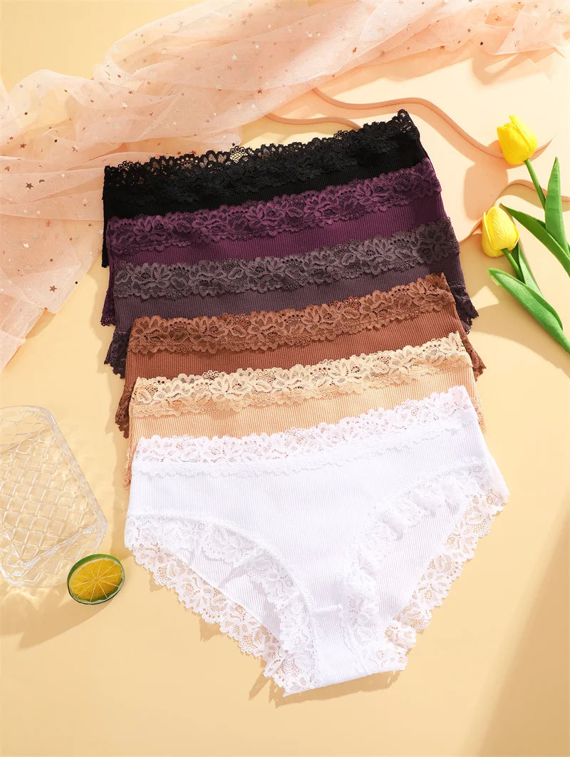 3PCS/Set Sexy Lace Cotton Panties for Women Flroal Lace Seamless Briefs Low Rise Lingerie Female Breathable Soft Underwear S-XL