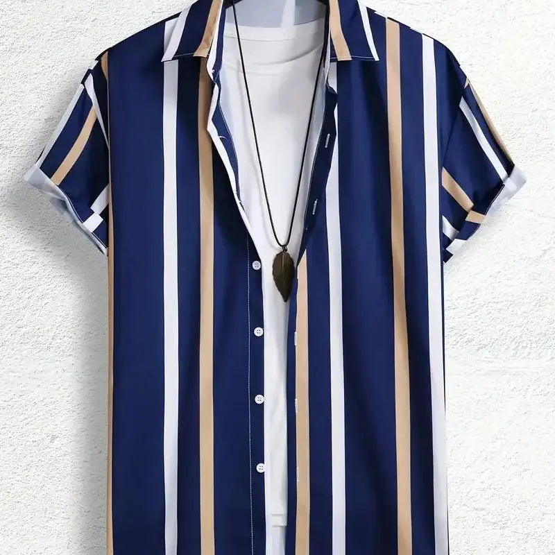 Summer Men's Shirts Hawaiian Blouse Stripe Print 2025 New Short Sleeve Single Breasted Oversized Tops Camisa Clothing Buttons