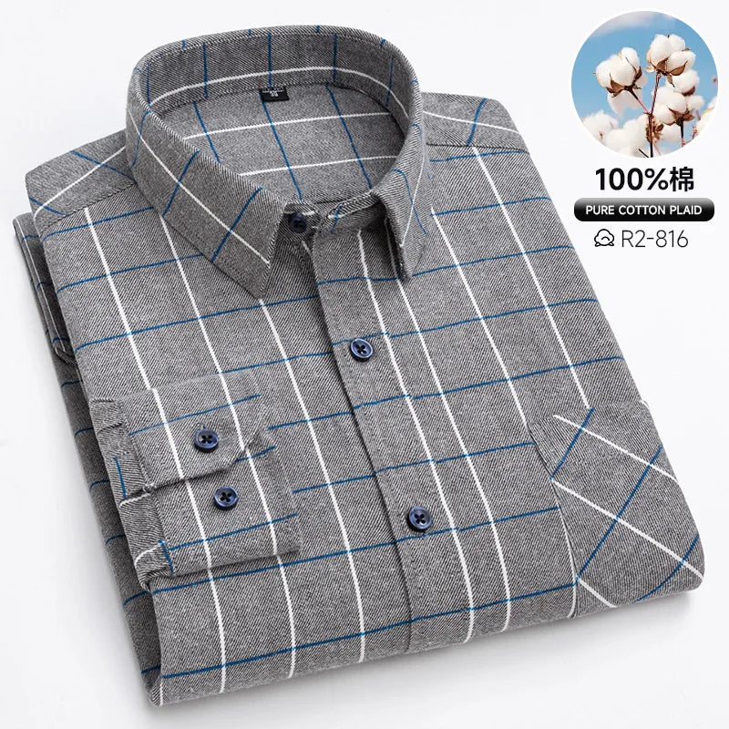 Pure Cotton Men's Plaid Shirts Long Sleeved Regular Fit Casual Office Fashion Shirts Leisure Autumn Male Check Blouses Plus Size