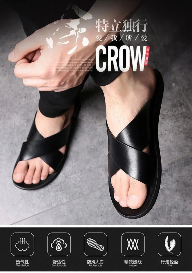 Men's Slippers Fashion Leather Slippers Outdoor Non Slip Beach Shoes for Men Light EVA Soft Sole Slippers 2025Summer New Slides