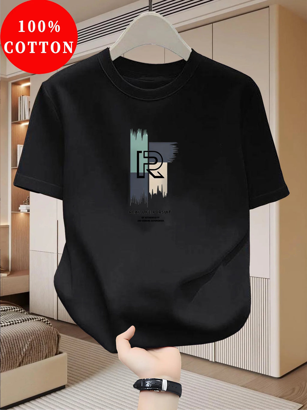 Men's 100% pure cotton casual loose modern abstract letter and "at time" pattern printed round neck short sleeved T-shirt top