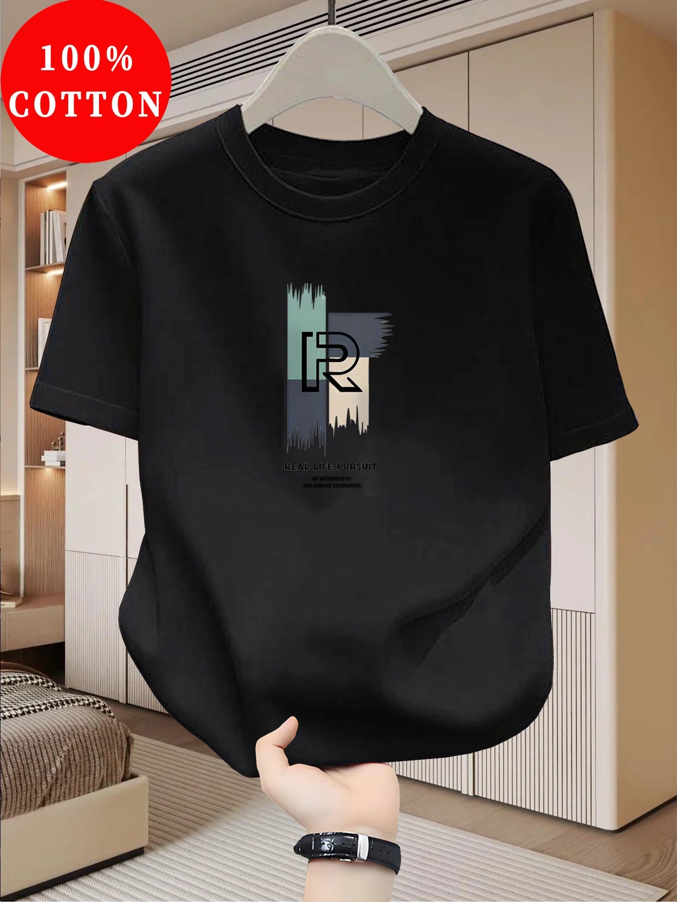 Men's 100% pure cotton casual loose modern abstract letter and "at time" pattern printed round neck short sleeved T-shirt top