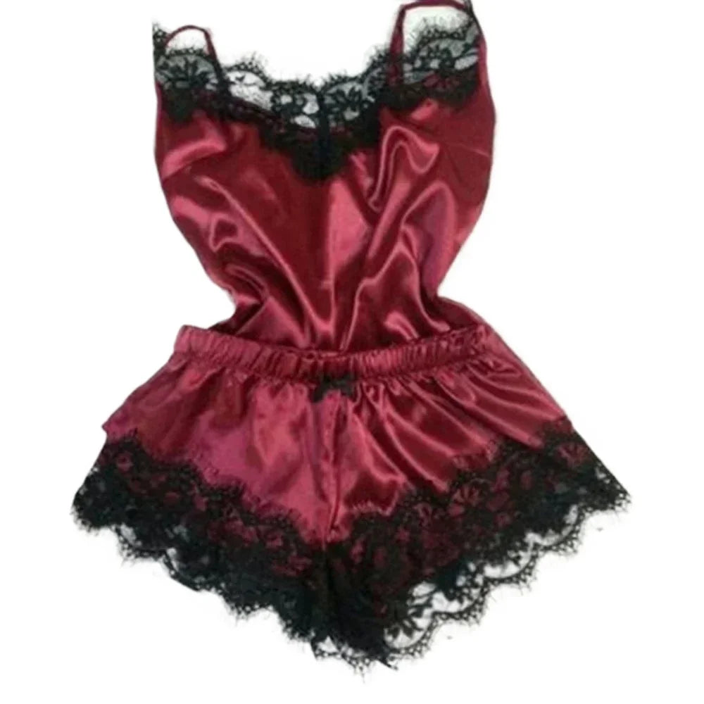 Summer Lace Silk Pajama Set for Women Sexy Sleepwear Lingerie 2 Pieces Cami Top and Shorts Sets Comfortable Casual Lounge