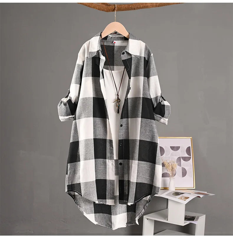 Women's Plaid Shirt Casual Blouses Woman Tops for Women Long Sleeve Long Sleeve Shirts Chic Blouse Check Linen Cotton Clothing