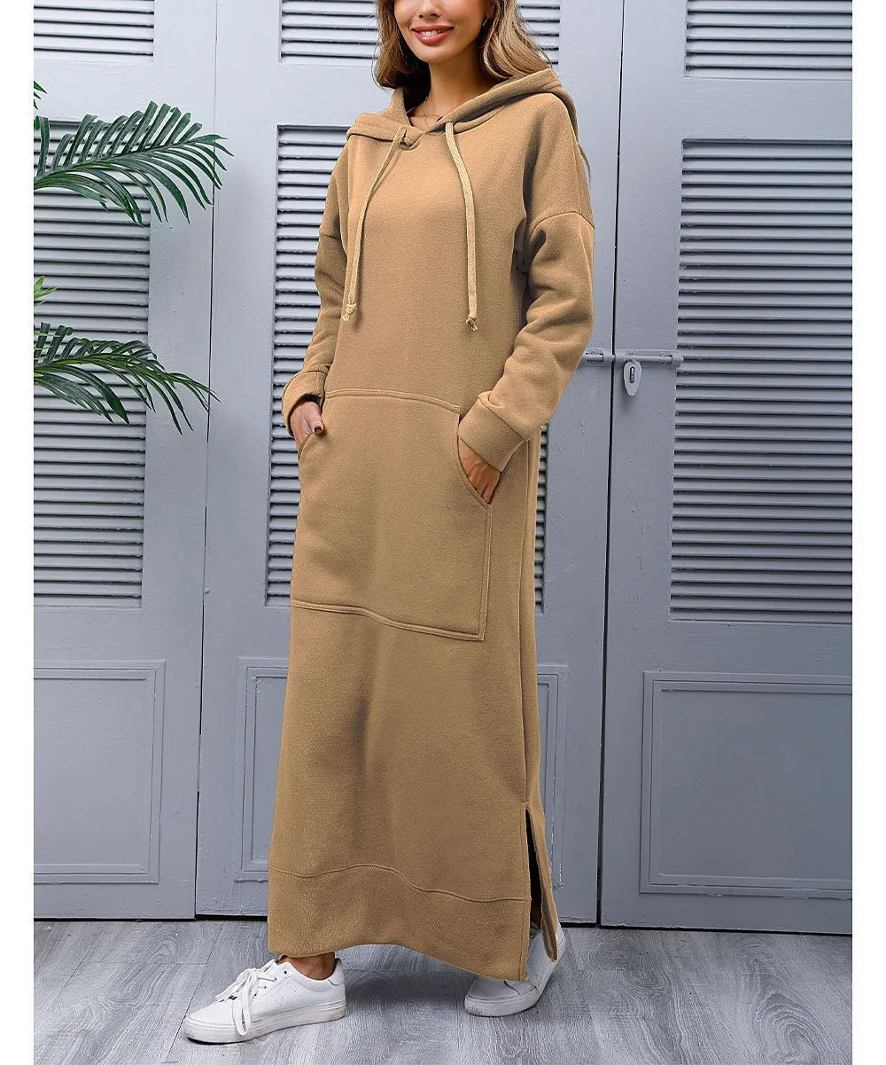 Autumn Winter New plus Size Loose Knitted Long Dress Hoodie Fleece Casual Fashion Dress Large Pocket Skirt Elegant Commute