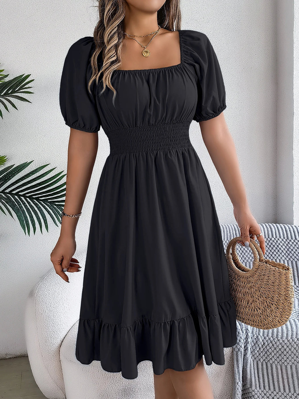 Spring Summer Elegant High Waisted Dress Square Neck Short Sleeved Ruffled Edge Long Dresses for Women 2026 Valentine's Day