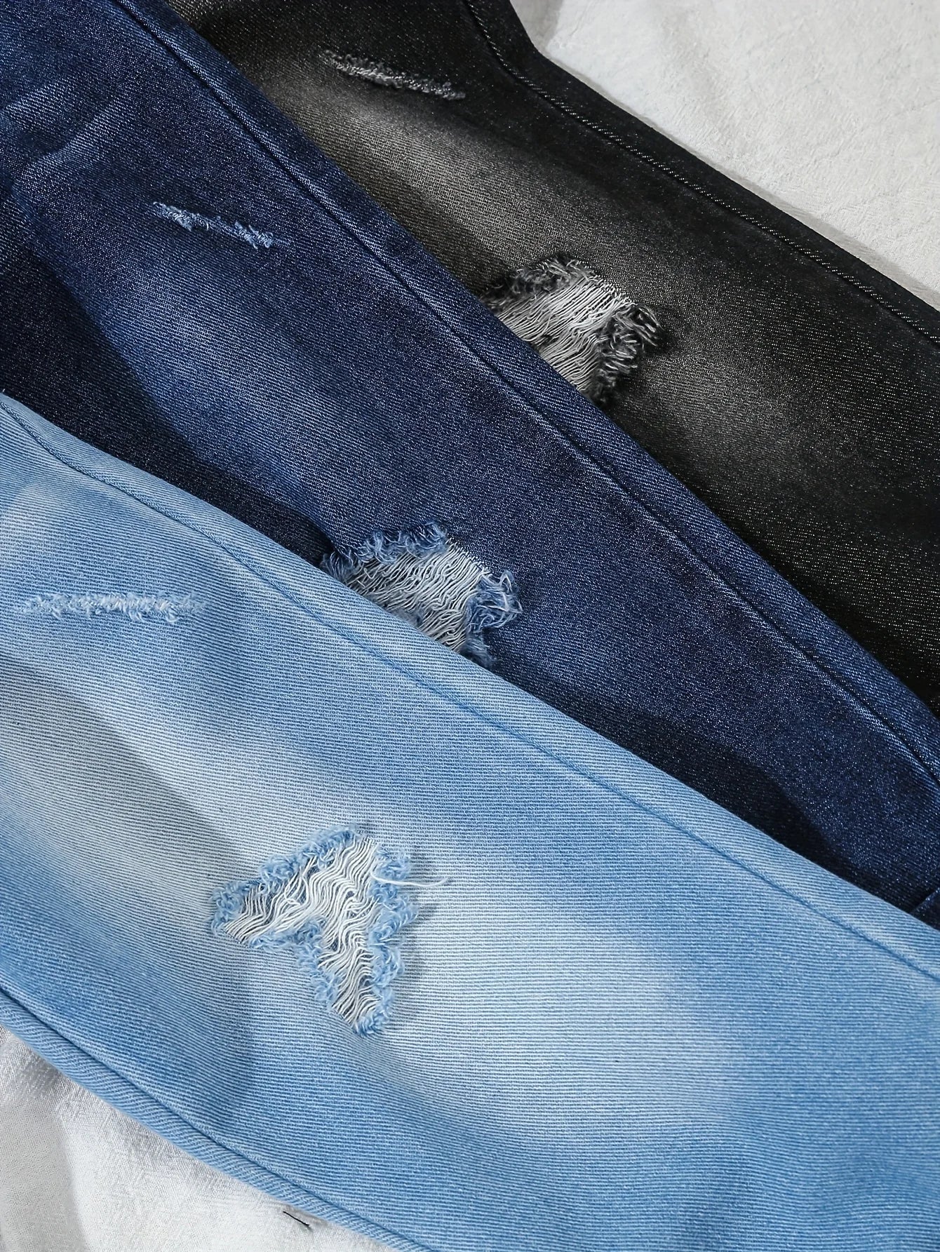 A 3-Piece Set Of Outdoor Casual Denim Pants For Boys, Fashionable Street Retro Washed Denim Ripped Pants