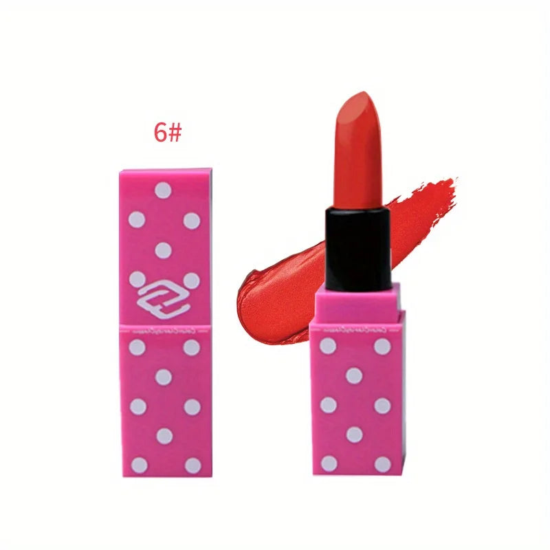 8 Colors Super Cute Girls Lipstick, Pink Polka Dots Design Long Lasting Non-fading Waterproof Velvet Lip Color, Non-Stick Cup