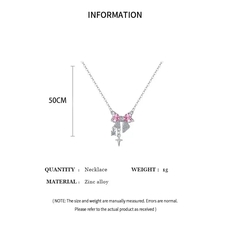 Luxury Fairy Pink Bow Shape Pendant Necklace Rings Set for Women Y2k Clavicle Chain Birthday Party Anniversary Gift Jewelry