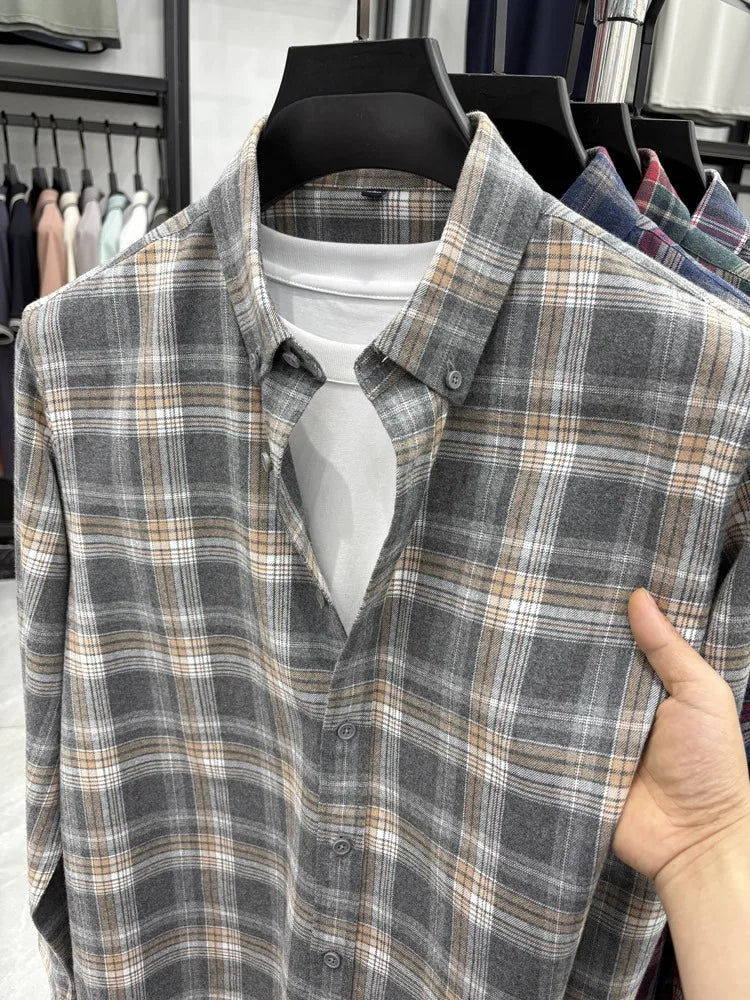 New 2025 Men's Long Sleeve Cotton Shirt Fleece Business Casual Easy Care Youth Outerwear Top Polyester Fiber Cool Sensation