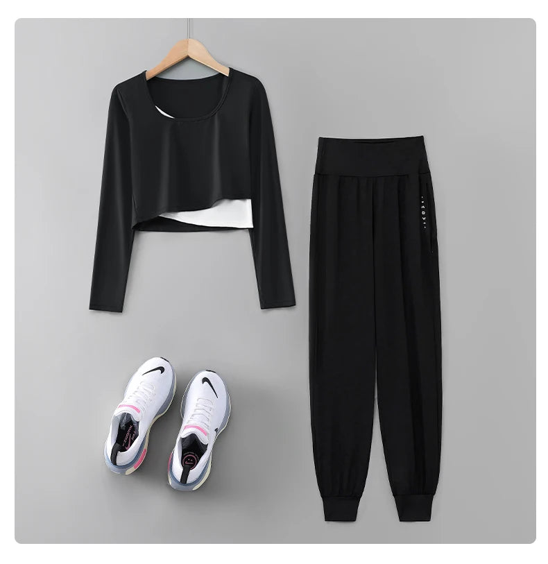 DRUR Women Yoga Set Loose Fit Gym Outfit Long Sleeve Top Pants 2 Piece Sportswear Outfit Running Jogging Suit Fitness Clothing