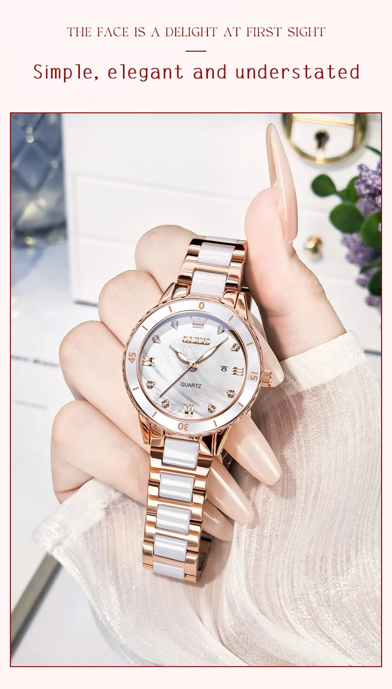 OLEVS Women Watch Diamond Roman Scale Waterproof Calendar Elegant Quartz Watches Ceramic Strap Luxury Original Girls Watch 9985