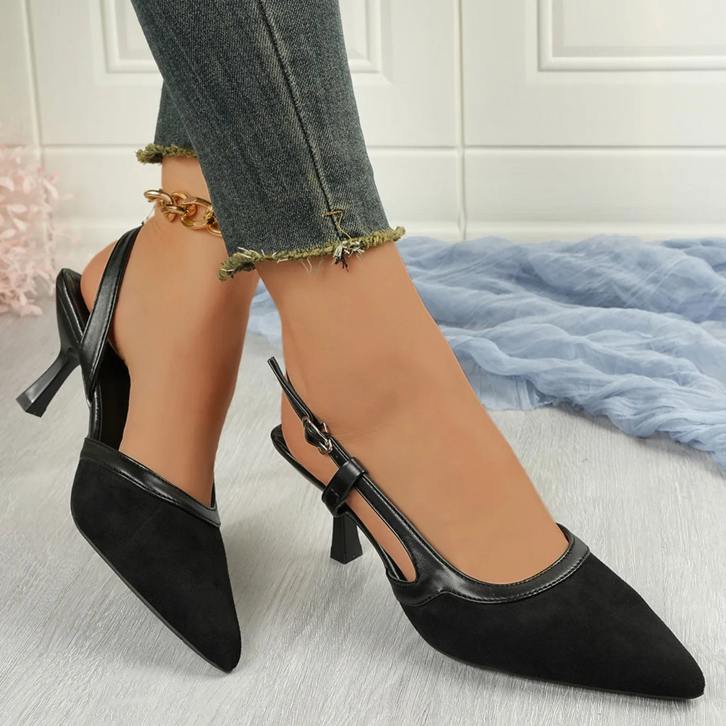 Women Sandals Satin Pointed Back Empty Women Shoes 2025 Summer One-word Buckle Sexy High Heels Women Sandalias Mujer Zapatos