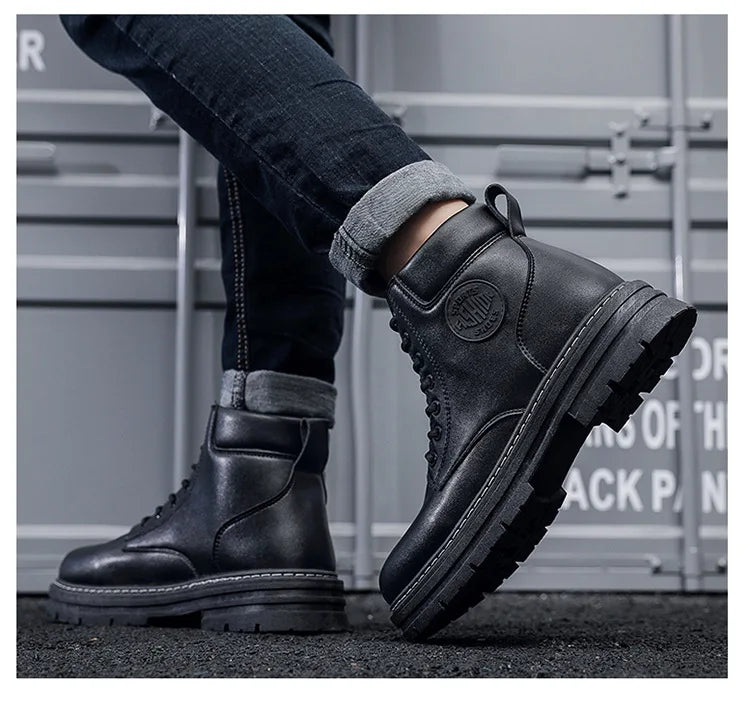 New autumn men shoes boots High Top Fashion Motorcycle Leather Shoes Outdoor leisure comfortable Boots male Lace-Up Botas