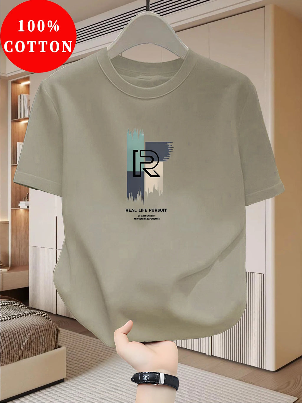 Men's 100% pure cotton casual loose modern abstract letter and "at time" pattern printed round neck short sleeved T-shirt top