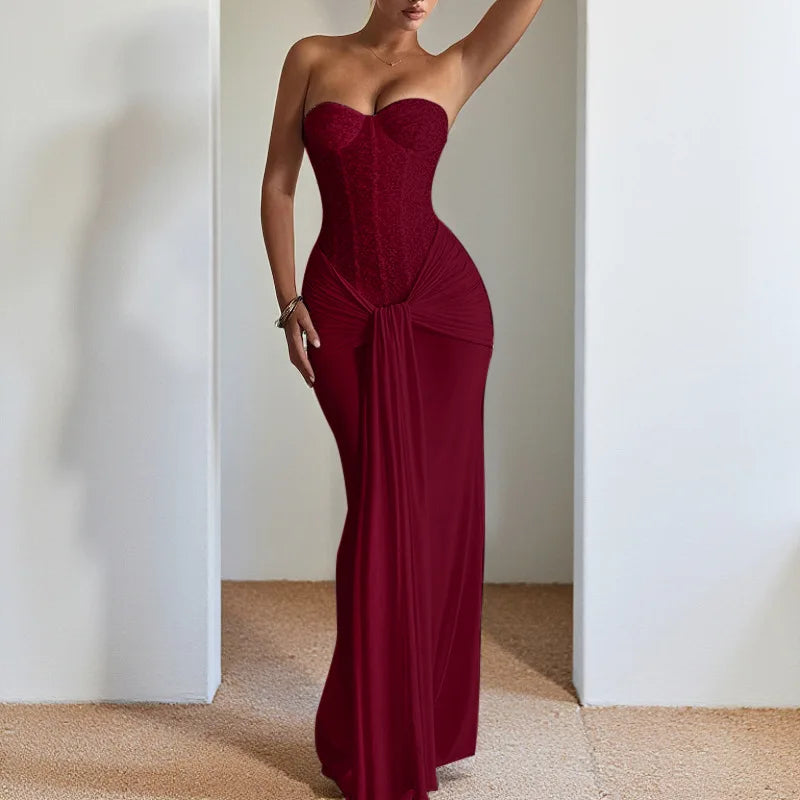 Women's Sexy Strapless Evening Dresses with A Cinched Waist and Flowing Ribbons, Jacquard Patchwork Long Cocktail Dress Vestidos