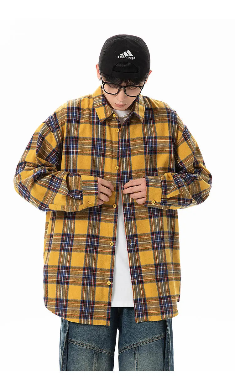 Plaid Shirt with Long Sleeves, Loose Fit, for Casual Men, Harajuku Style, Spring and Autumn Brushed Cotton Shirt.Oversized