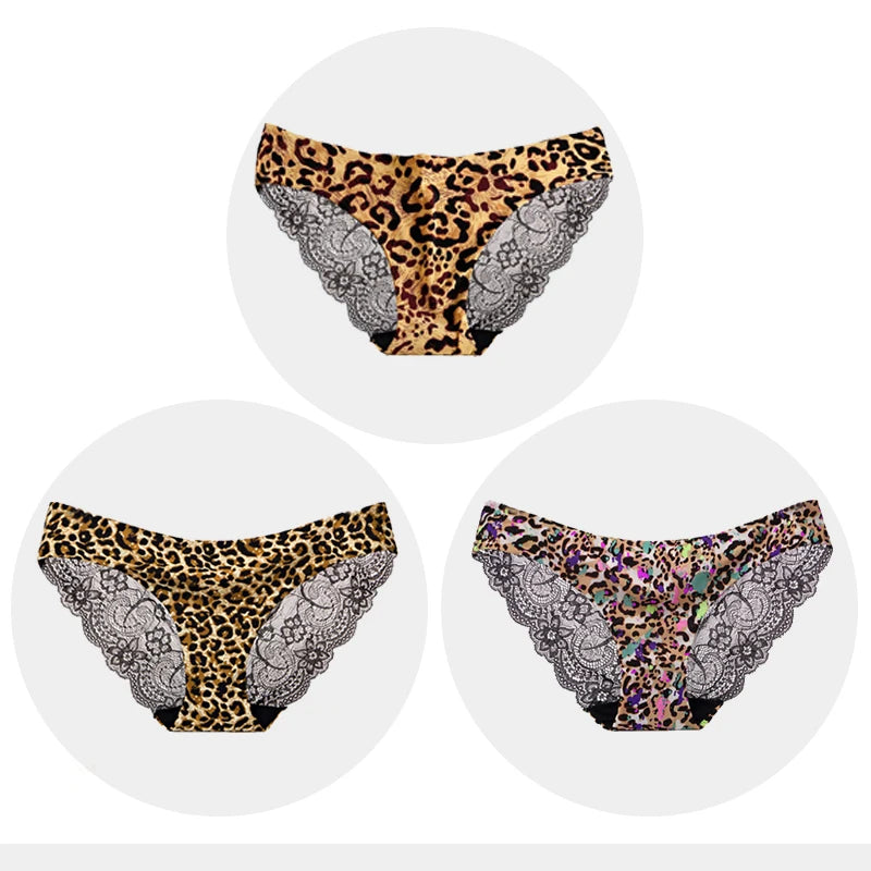 Women's Seamless Underwear Leopard Intimate Women Sexy Lace Black Floral Panties Seamless Panty 3pcs/set