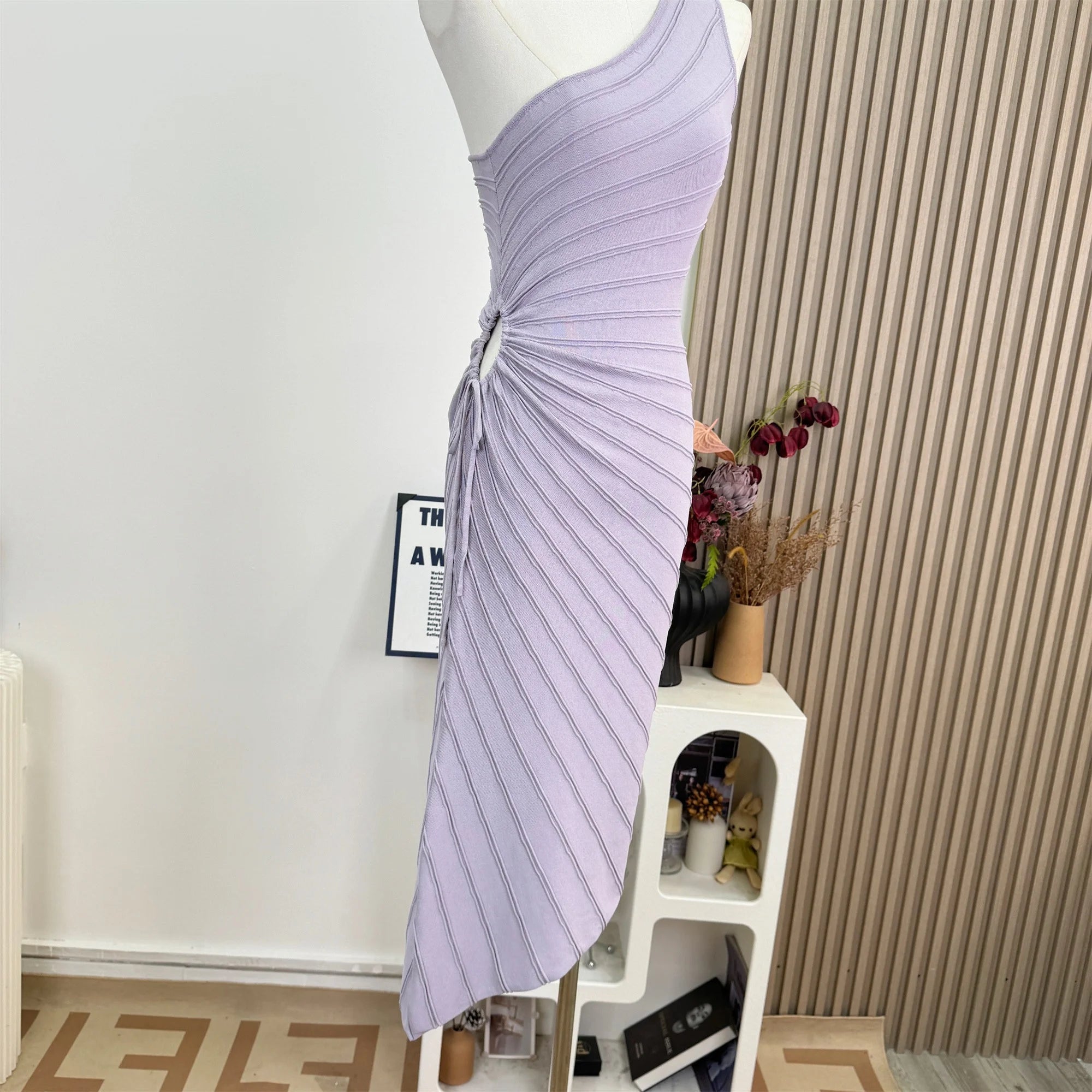 Women Elastic Summer Simple Party Dresses Sexy Irregular One Shoulder Stripe Sheath Pencil Dress