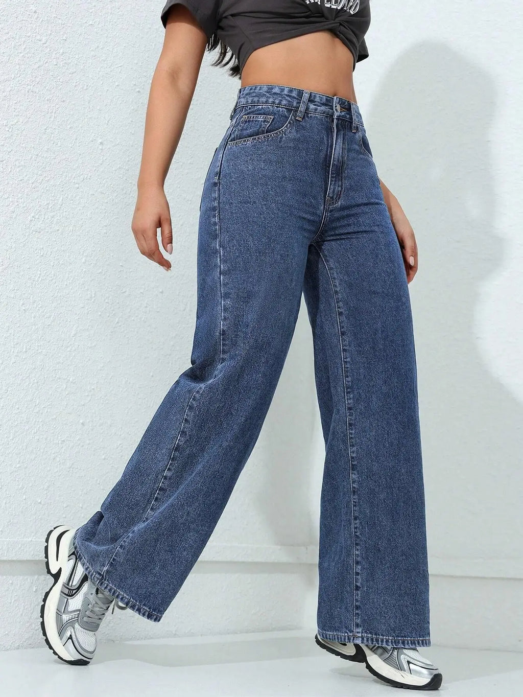 Retro Loose Wide Leg Jeans Fashion Women Solid Straight Wash High Elastic Waist Denim Pants Casual Streetwear Pocket Trousers